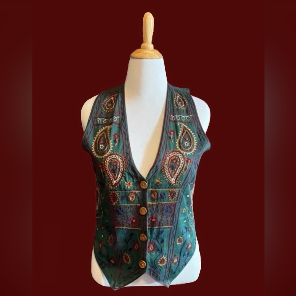 Vintage 90s Embroidered Vest Women's Medium Johnny Was Style Green Solutions!